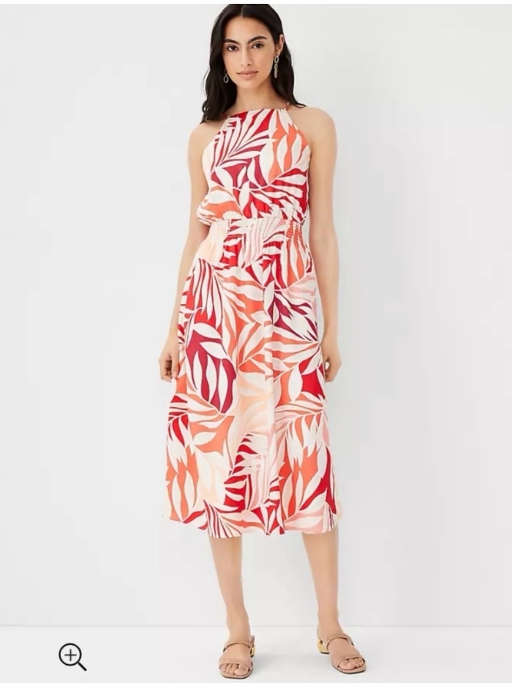 Ann Taylor Coral and Red Leaf-Print Halter Midi Dress